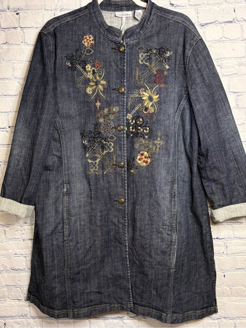 Chicos Embroidered Boho Art to Wear Long Dark Denim Duster Jacket Shacket XL